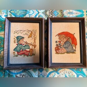 Vintage Set of 2 Hummel Needlepoint Framed Pictures Finished Handmade 8x6